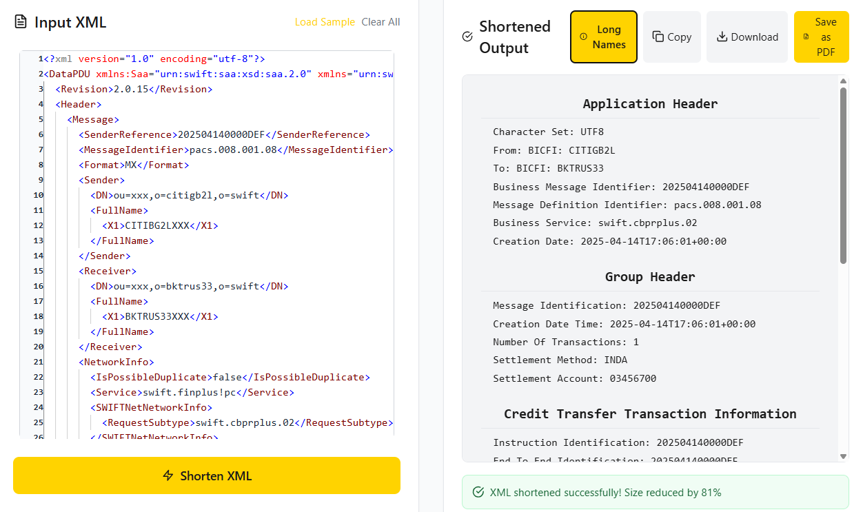 XML Shortener Tool Screenshot